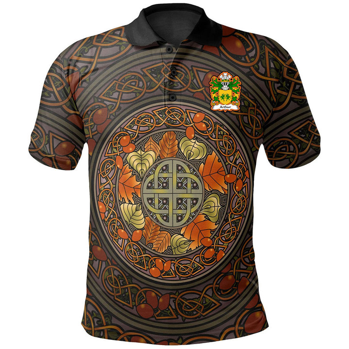 AIO Pride Arthur I AB Uthr Pendragon King Arthur Welsh Family Crest Polo Shirt - Mid Autumn Celtic Leaves