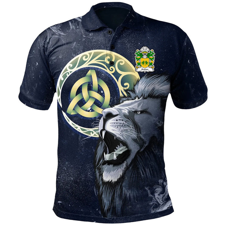 AIO Pride Arthur I AB Uthr Pendragon King Arthur Welsh Family Crest Polo Shirt - Lion & Celtic Moon