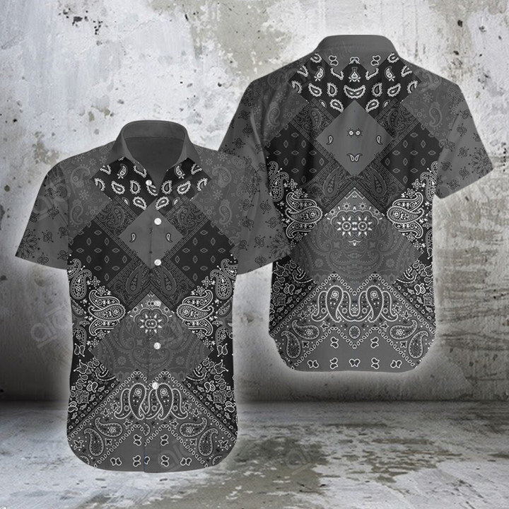 AIO Pride Black Diagonal Paisley Bandana Fabric Patchwork Hawaiian Shirt