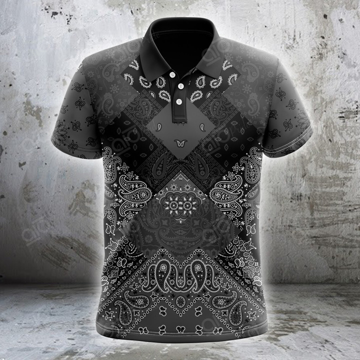 AIO Pride Black Diagonal Paisley Bandana Fabric Patchwork Polo Shirt