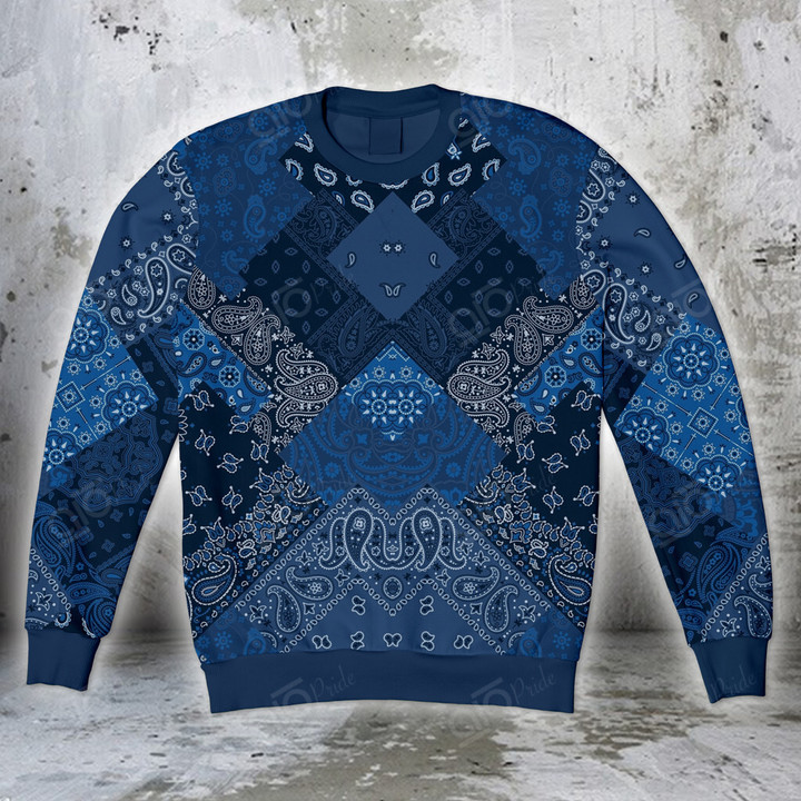 AIO Pride Blue Diagonal Paisley Bandana Fabric Patchwork Sweatshirt