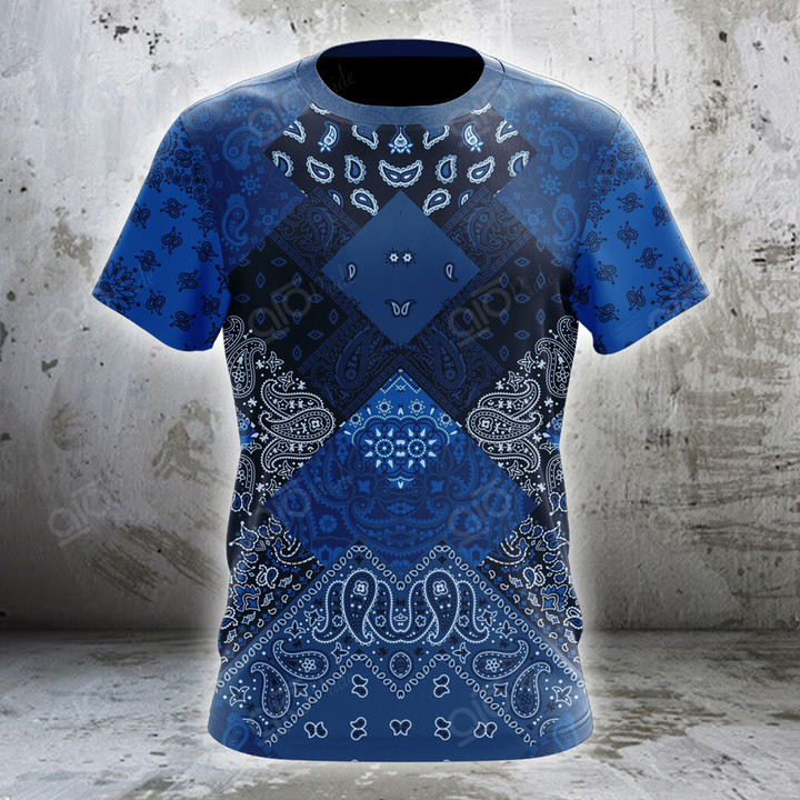 AIO Pride Blue Diagonal Paisley Bandana Fabric Patchwork T-shirt