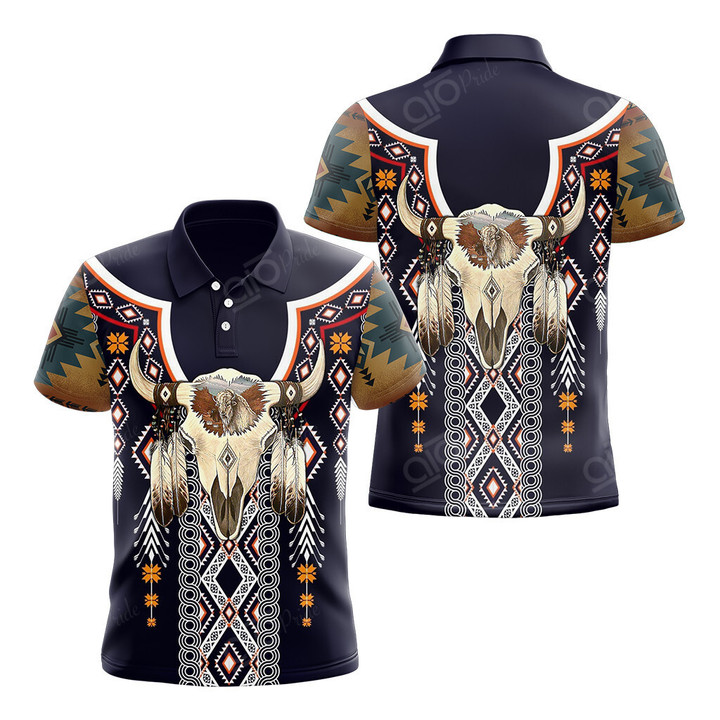 AIO Pride Native American Bull Skull Tribal Pattern Polo Shirt