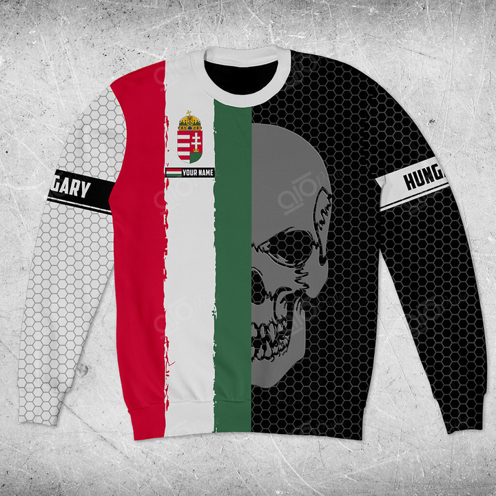 AIO Pride Custom Name Hungary Flag Skull Hexagon Grid Sweatshirt