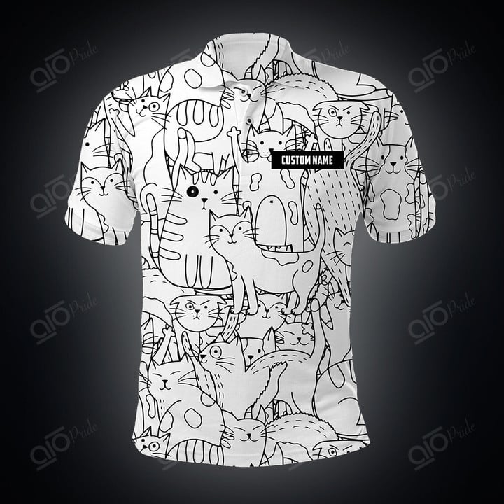 AIO Pride Custom Name Cats Pattern White Polo Shirt