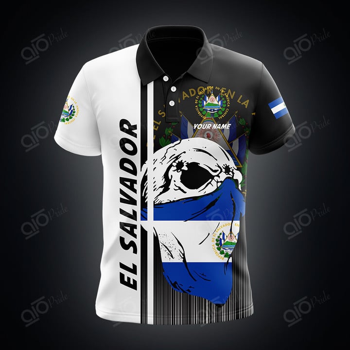 AIO Pride Custom Name El Salvador Coat Of Arms Skull Scarf Flag Polo Shirt