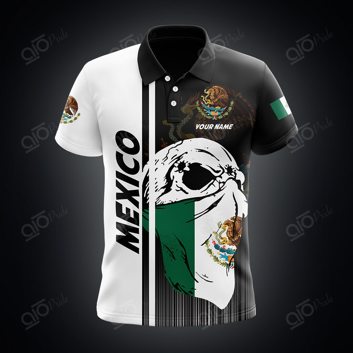 AIO Pride Custom Name Mexico Coat Of Arms Skull Scarf Flag Polo Shirt
