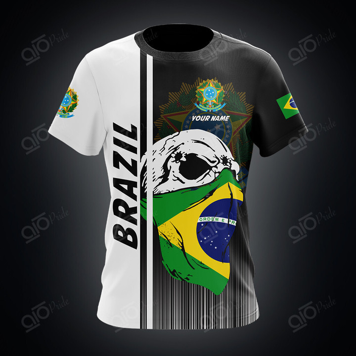 AIO Pride Custom Name Brazil Coat Of Arms Skull Scarf Flag T-shirt