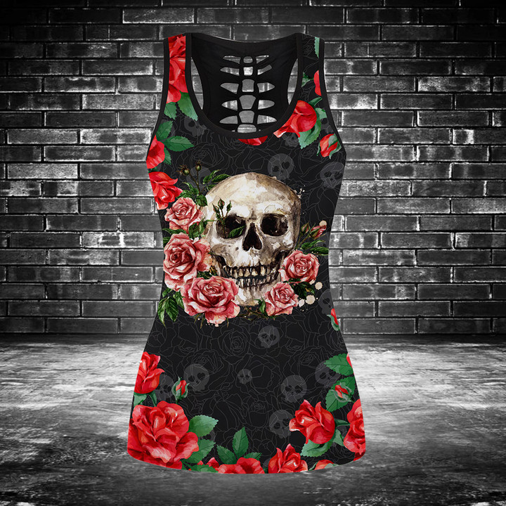 Skull Roses Art Black Hollow Tank Top Or Legging