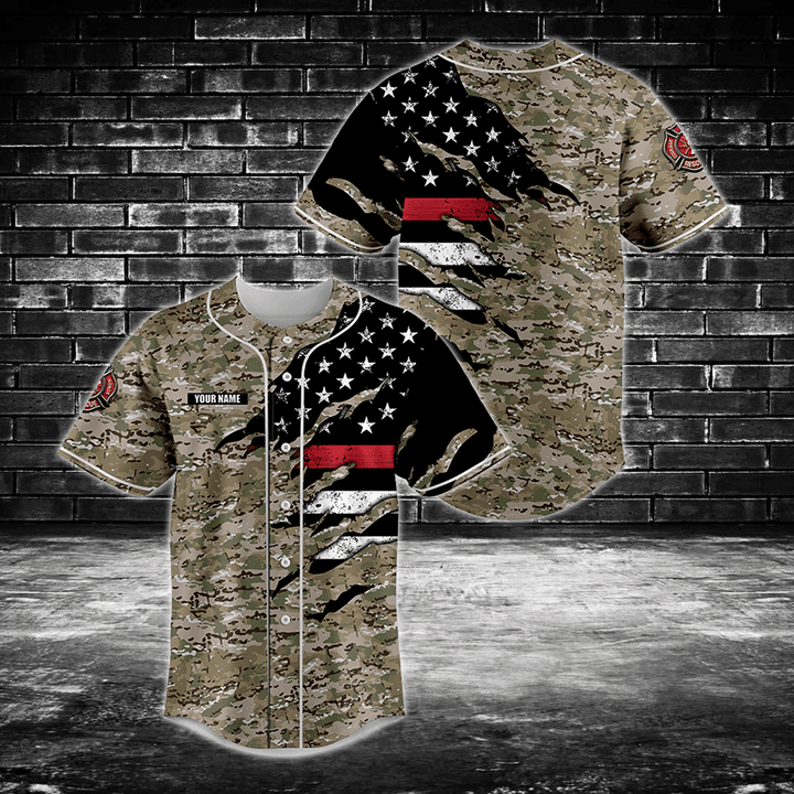 Customize US Firefighter Camo 3D Baseball Jersey Shirt