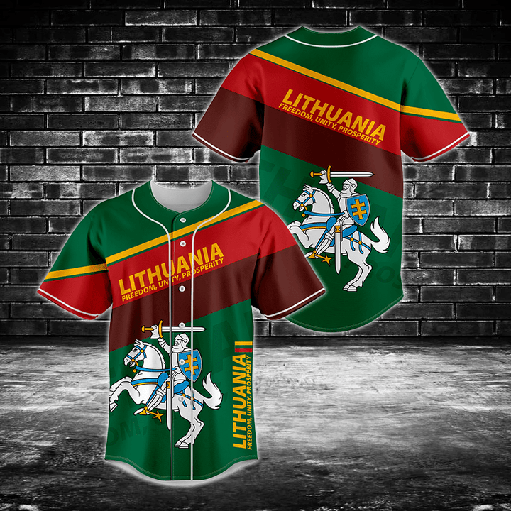 Lithuania - Freedom, Unity, Prosperity - Green Baseball Jersey Shirt