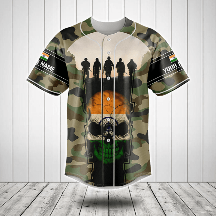 Customize India 3D Skull Flag Camouflage Baseball Jersey Shirt