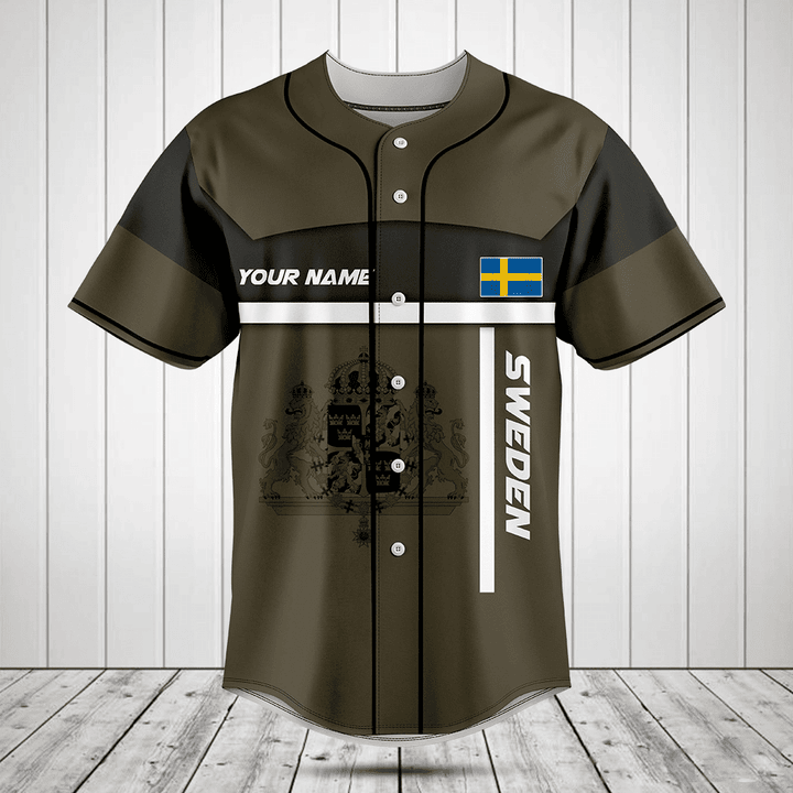 Customize Sweden Coat Of Arms Olive Green Baseball Jersey Shirt