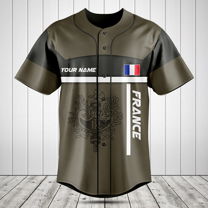 Customize France Coat Of Arms Olive Green Baseball Jersey Shirt