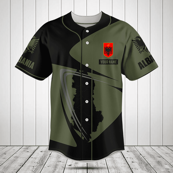Customize Albania Map Black And Olive Green Baseball Jersey Shirt