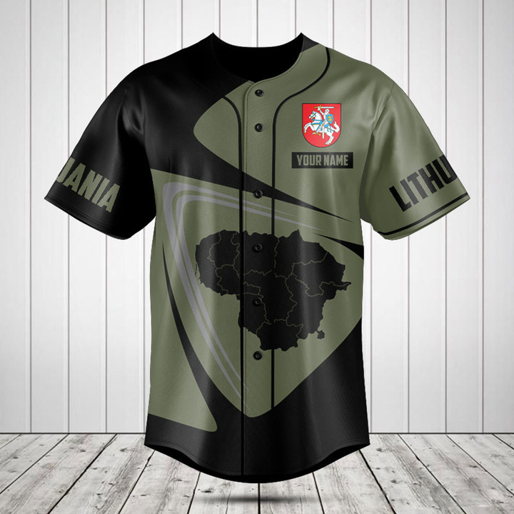 Customize Lithuania Map Black And Olive Green Baseball Jersey Shirt