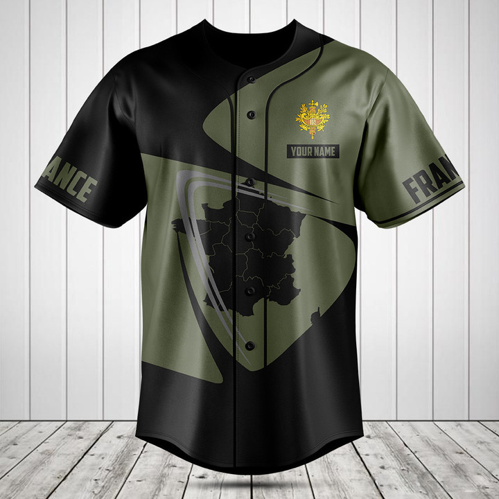 Customize France Map Black And Olive Green Baseball Jersey Shirt