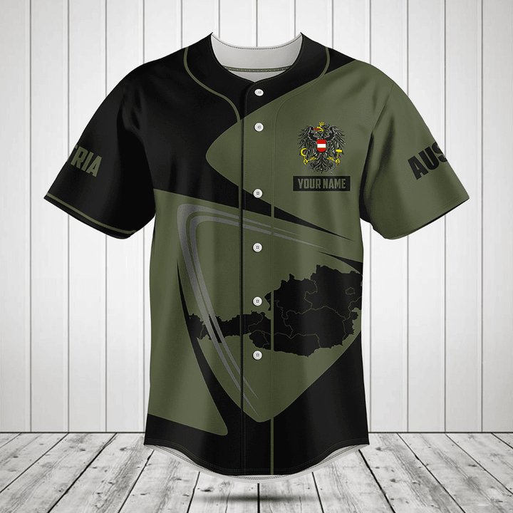 Customize Austria Map Black And Olive Green Baseball Jersey Shirt