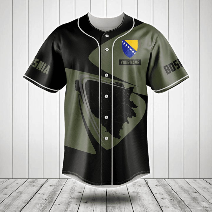 Customize Bosnia Map Black And Olive Green Baseball Jersey Shirt
