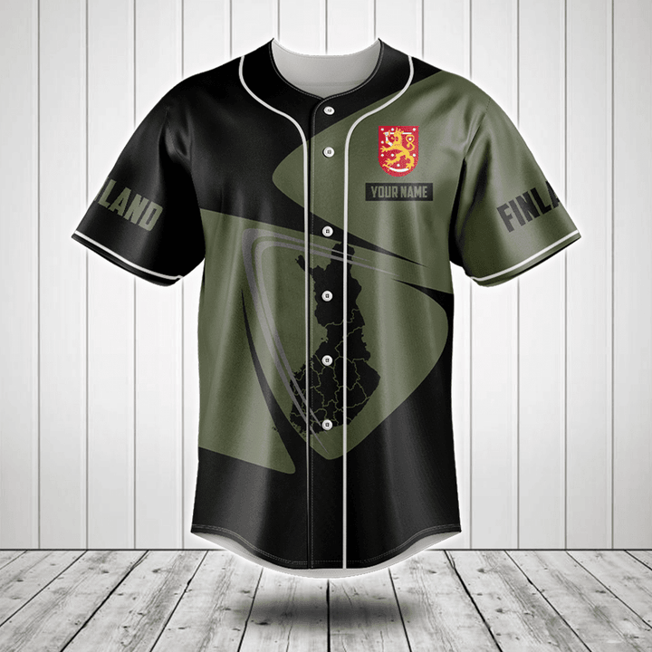 Customize Finland Map Black And Olive Green Baseball Jersey Shirt