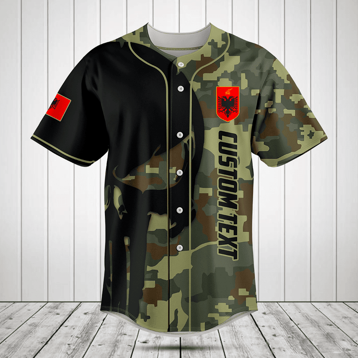 Customize Albania Black Skull Camouflage Baseball Jersey Shirt