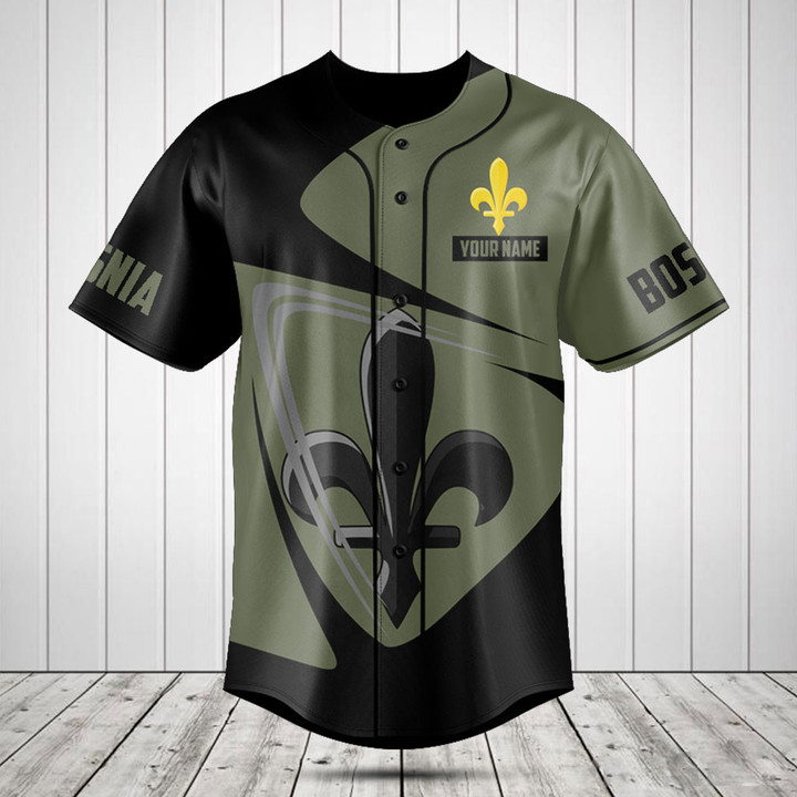 Customize Bosnia Lily Symbol Black Olive Green Baseball Jersey Shirt