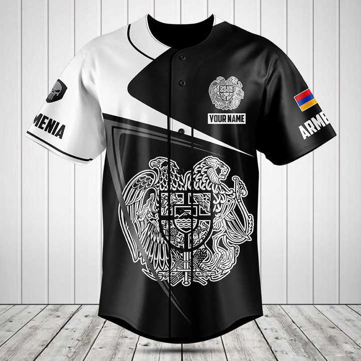 Customize Armenia Symbol Black And White Skull Baseball Jersey Shirt