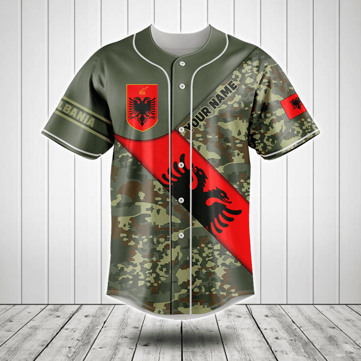 Customize Albania Flag Camouflage Army Baseball Jersey Shirt