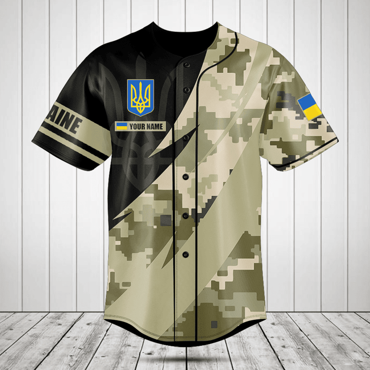 Customize Ukraine Coat Of Arms Camo Fire Style Baseball Jersey Shirt