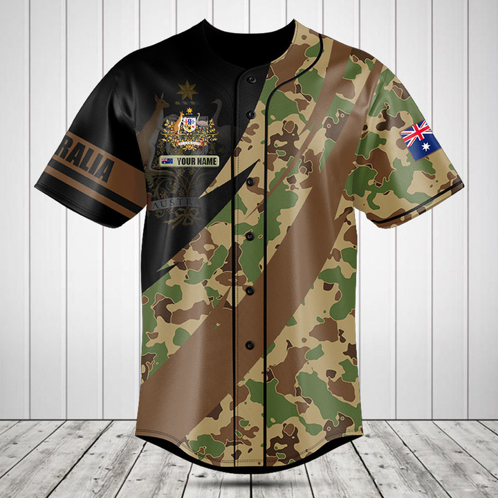 Customize Australia Coat Of Arms Camo Fire Style Baseball Jersey Shirt