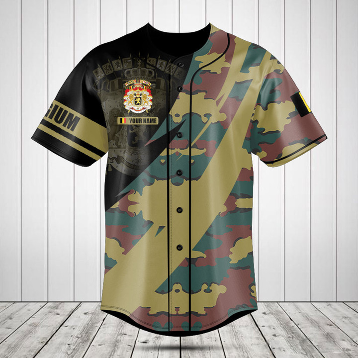 Customize Belgium Coat Of Arms Camo Fire Style Baseball Jersey Shirt