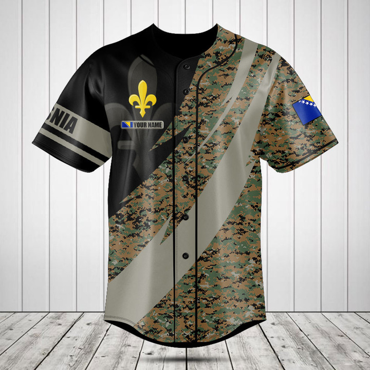 Customize Bosnia Lily Symbol Camo Fire Style Baseball Jersey Shirt