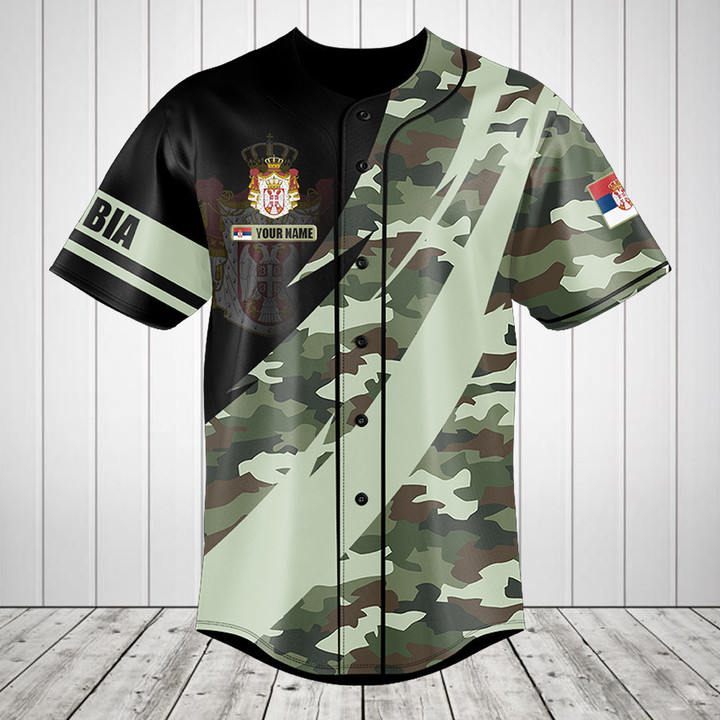 Customize Serbia Coat Of Arms Camo Fire Style Baseball Jersey Shirt