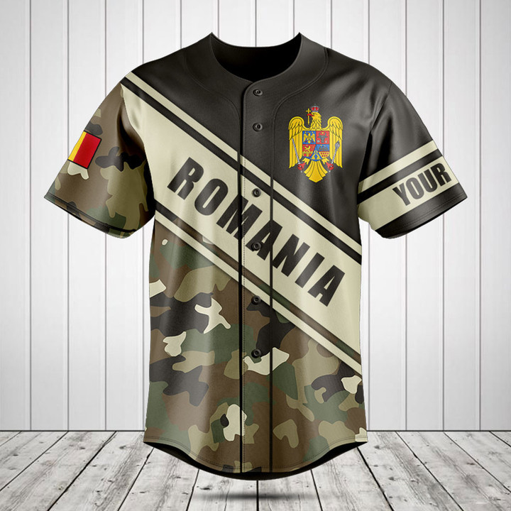 Customize Romania Coat Of Arms Camouflage 3D Baseball Jersey Shirt