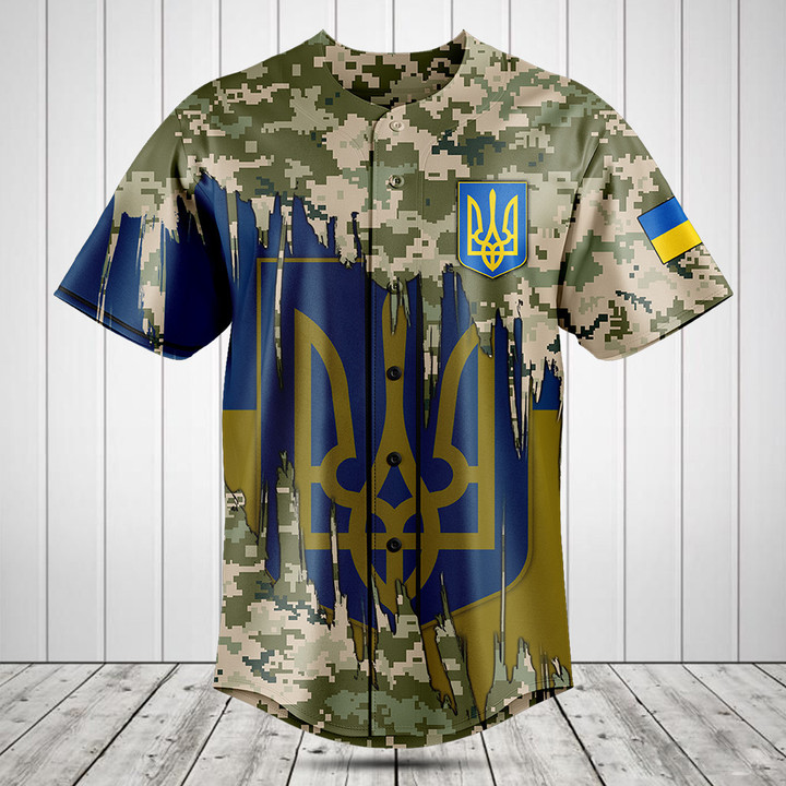 Customize Ukraine Flag And Coat Of Arms Camo Baseball Jersey Shirt