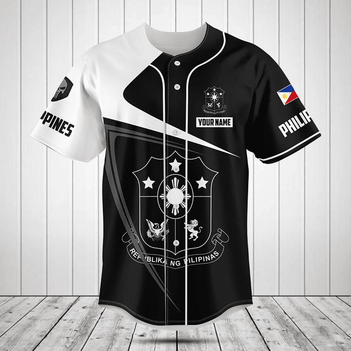 Customize Philippines Symbol Black And White Skull Baseball Jersey Shirt