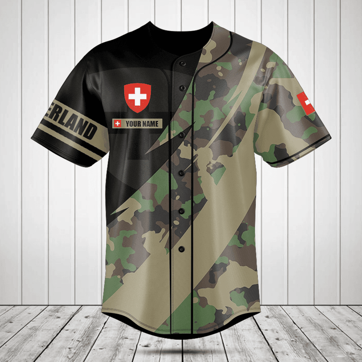 Customize Switzerland Coat Of Arms Camo Fire Style Baseball Jersey Shirt