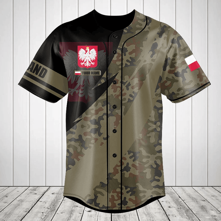 Customize Poland Coat of Arms Camo Fire Style Baseball Jersey Shirt