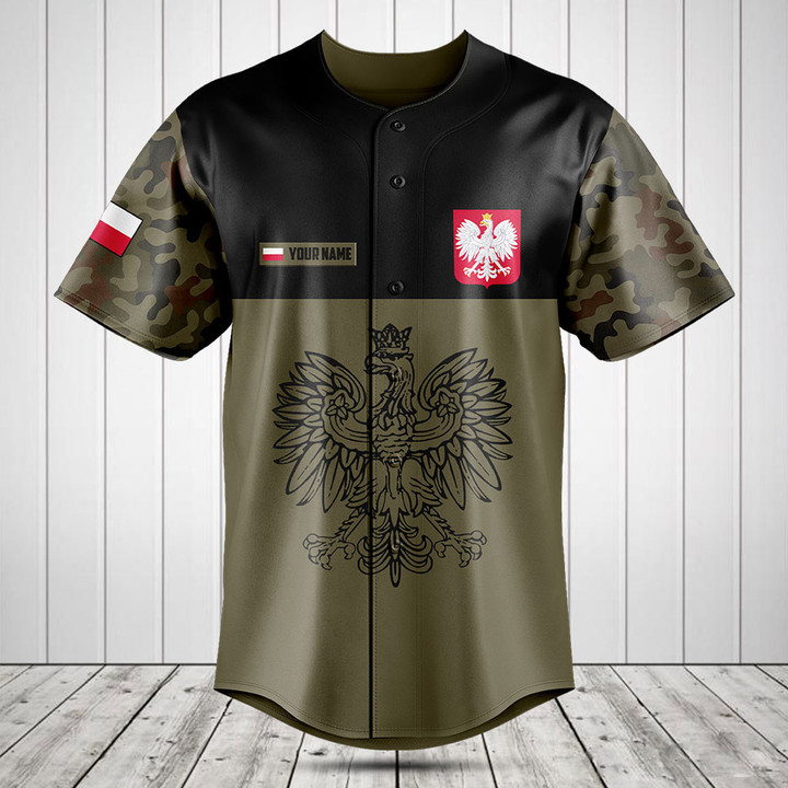 Customize Poland Black Coat of Arms Camo Baseball Jersey Shirt