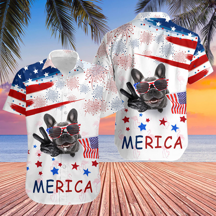 French Bulldog Wave Flag Independence Day Hawaiian Shirt