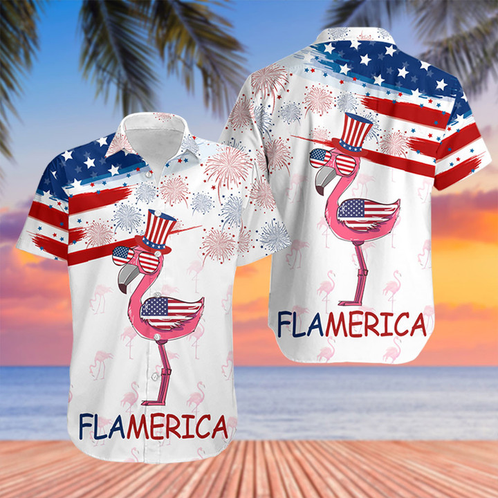 Independence Day Flamerica Fire Work US Flag Hawaiian Shirt