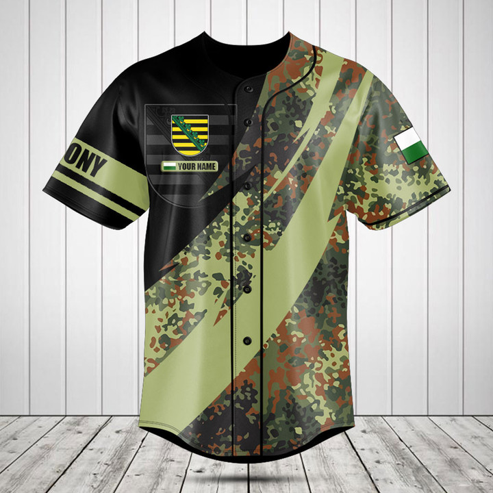 Customize Saxony Coat of Arms Camo Fire Style Baseball Jersey Shirt