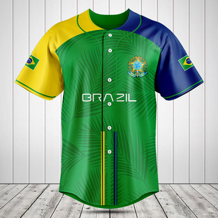 Customize Brazil Flag Palm Leaf Baseball Jersey Shirt
