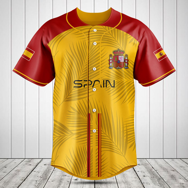 Customize Spain Flag Palm Leaf Baseball Jersey Shirt