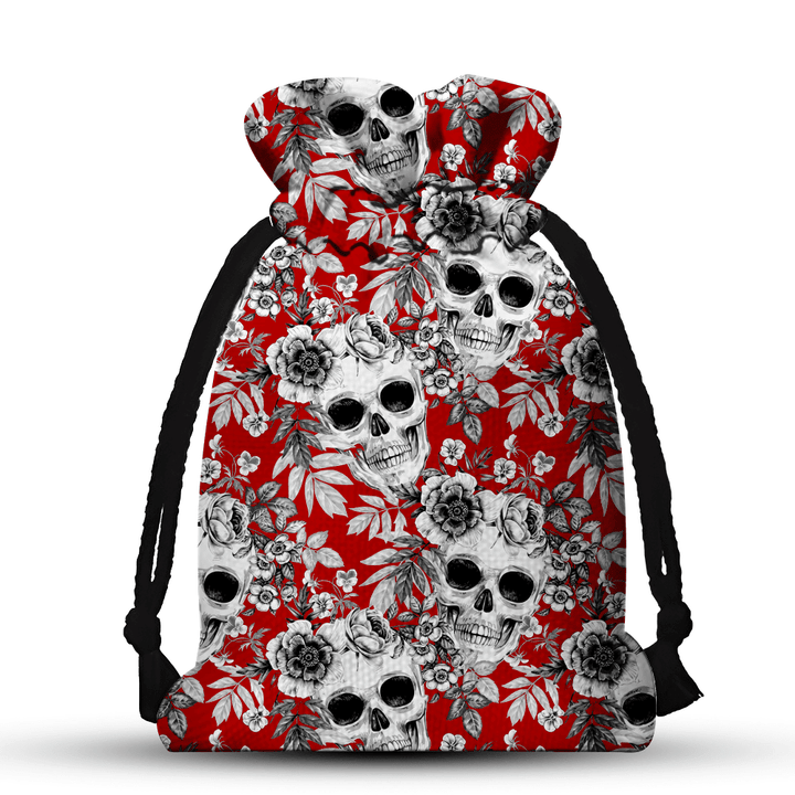 Red And White Skull Flower Drawstring Gift Bag