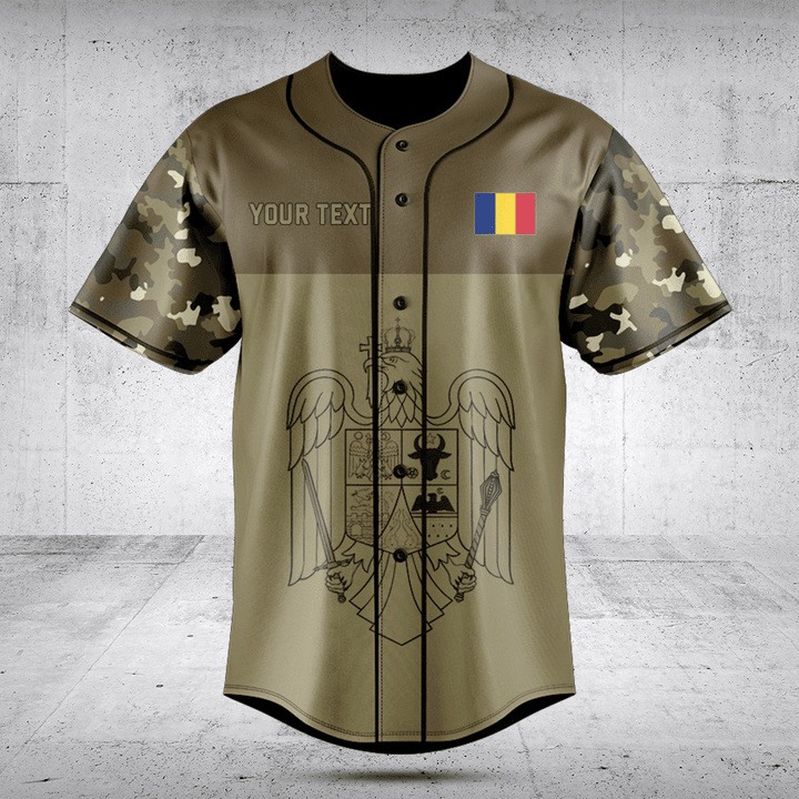 Customize Romania Coat Of Arms Camouflage Style Baseball Jersey Shirt