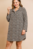 Animal Print Long Sleeve Collared Dress With Chest Pockets And Scoop Hem CV7010