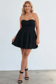 Plus Size Strapless Black Floral Lace Embroidered Flare Mini Dress