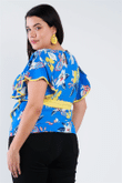 Plus Size Tropical Floral Print Mock Sleeve Chiffon Semi-sheer Top
