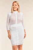 White Plus Size Long Sleeve Chevron Sheer Bodycon Mini Dress